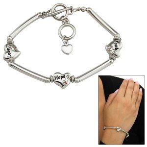 FAITH, HOPE & LOVE hearts & silver bars elastic bracelet + heart charm